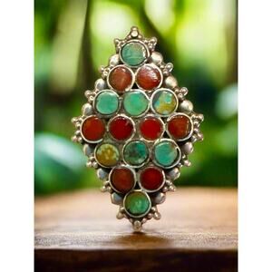 Green Turquoise & Italian  Coral Cluster Snake Eyes Ring Adjustable